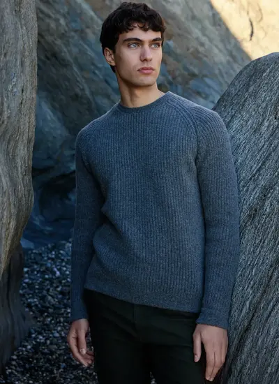 Fisherman Ribbed Lambswool Crew Neck Sweater